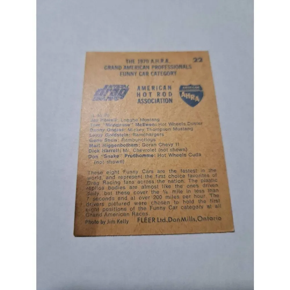 Vintage 1971 Fleer AHRA Grand American Professionals #22 Trading Card Race Car
